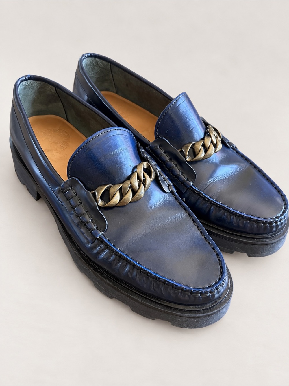 Penelope Chilvers Navy Leather Chain Lug Loafers EU 41 Made in Spain